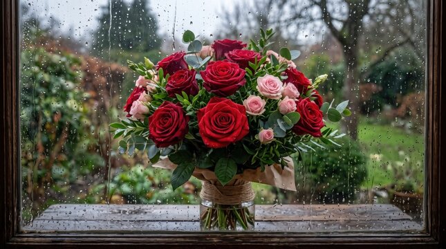 Romantic Red Rose Bouquet by Rainy Window, Fresh Flower Arrangement on Wooden Sill