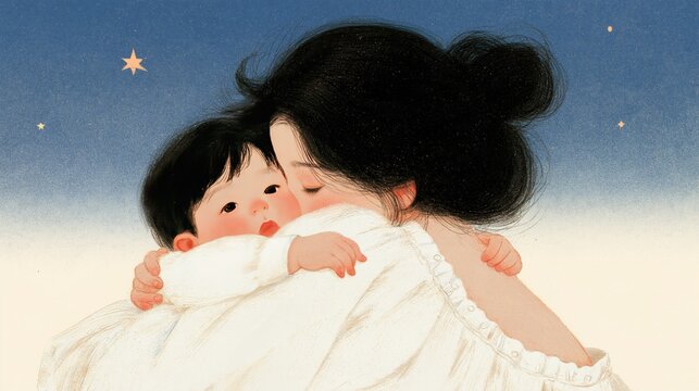 Growth and Security in a Mother's Loving Embrace Under the Stars