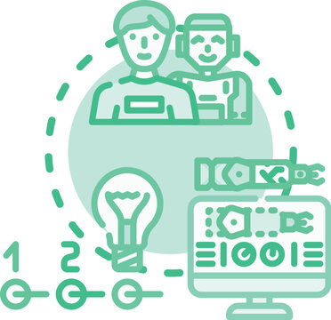 Concept and innovation process involves research, development, brainstorming, and digital implementation for creating new ideas and business solutions