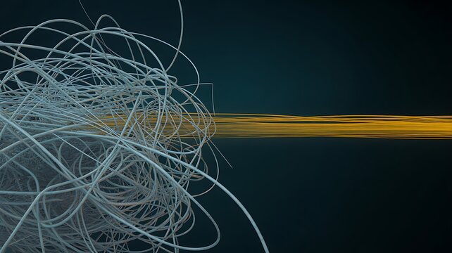 Digital data organization concept showing complex network transformed into an efficient pathway