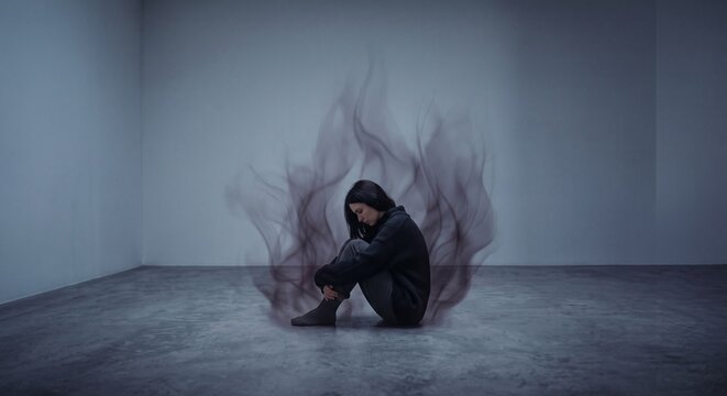 Conceptual Image of Sad Woman Sitting on Floor Surrounded by Dark Smoke. Visualizing Severe Depression, Panic Attacks, Anxiety and Inner Demons.   
