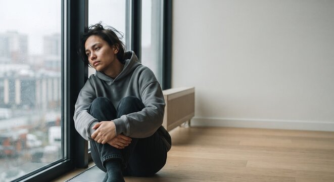 Sad Lonely Young Woman in Grey Hoodie Sitting by Window on Rainy Day. Concept of Depression, Mental Health, Melancholy and Isolation.   