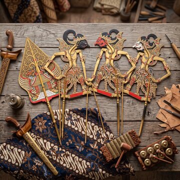 Indonesian Wayang Kulit Traditional Shadow Puppets on Table