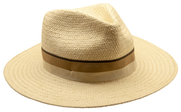 Classic woven straw fedora hat with a brown ribbon band isolated on a clean white background