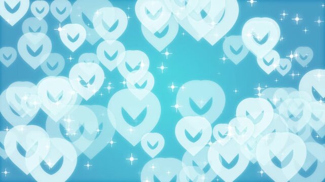 Bright blue romantic wedding background with floating heart shapes and sparkling star particles