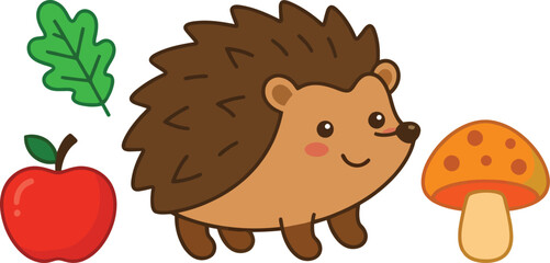 Obraz premium A cute cartoon hedgehog standing next to an apple a green leaf and a mushroom.