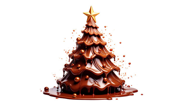 a Christmas tree made of melting chocolate, isolated on transparent background, PNG