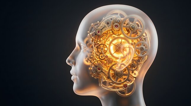 Futuristic Human Head with Glowing Golden Clockwork Gears Representing AI and Complex Human Mind
