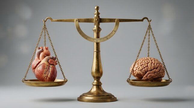 Heart and Brain Balanced on a Vintage Brass Scale Representing Logic and Emotion