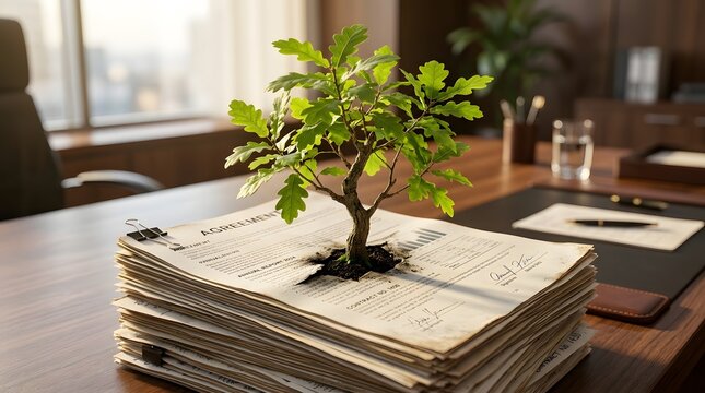Oak Tree Sapling Growing from Business Agreements Symbolizing Sustainable Growth and ESG Success