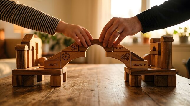Two People Collaborating to Build a Wooden Block Bridge with Unity Trust and Growth Concepts