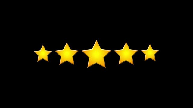 Cartoon shape 5 Star Rating Animation, star review concept, Rating stars icon animation, glowing five-star flat symbol animation, star review concept on Transparent Background. 4k animation