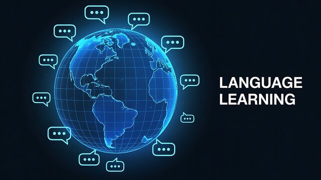 Language learning concept with glowing digital globe and global communication symbols