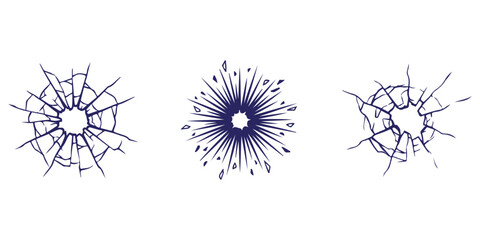 Obraz premium Set of broken glass cracks and bullet hole impacts on a surface