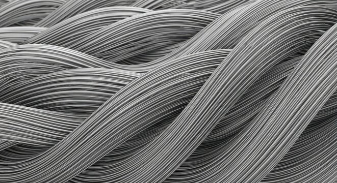 Abstract close-up of intertwined gray metal wires forming wavy patterns