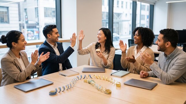 Diverse coworkers celebrating success with high fives in a modern office