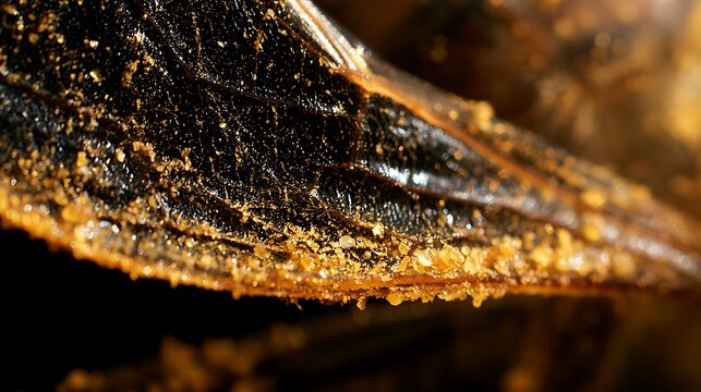 Macro view of insect wing covered in pollen grains.