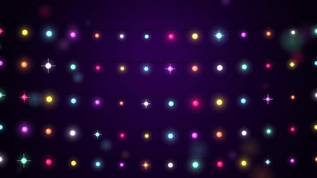 Dynamic colorful festive string lights illuminating a dark background perfect for holiday celebration