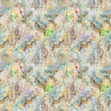 Abstract blue seamless textile pattern featuring delicate botanical branches, soft watercolor-style backgrounds, geometric patchwork motifs, floral shapes, and layered brushstroke elements. Suitable f