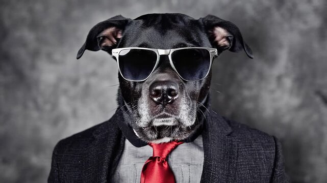 Stylish Dog in Suit and Sunglasses - Business Portrait of a Canine Professional with Red Tie and Textured Background.