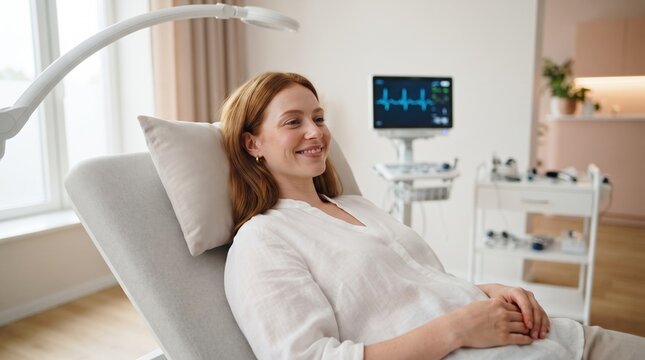 A smiling woman relaxes in a hospital room chair with a heart rate monitor visible in the background, appearing calm during a medical visit.