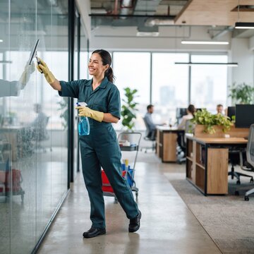 A smiling woman in coveralls and rubber gloves wipes down a glass office partition with a squeegee, holding a spray bottle in a bright workspace.