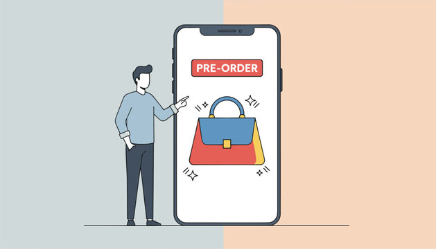 Consumer standing next to large mobile phone displaying luxury handbag pre-order button for online shopping convenience.