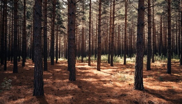 A dense pine forest with a carpet of fallen needles, sunlight creating a dappled effect on the forest floor.