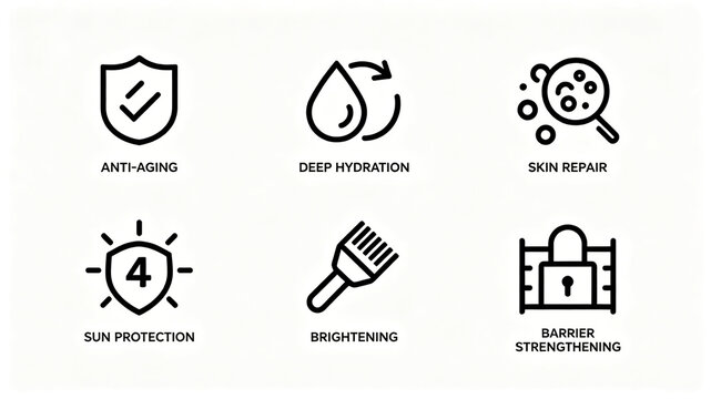 Simple icon of skin care efficacy, anti-aging, sunscreen, brightening, barrier reinforcement, applicable to e-commerce selling points and advertising posters of anti-aging skin care products.
