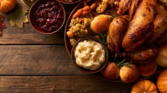 Roasted thanksgiving turkey dinner with mashed potatoes, cranberry sauce, stuffing, and vegetables on a rustic wooden table