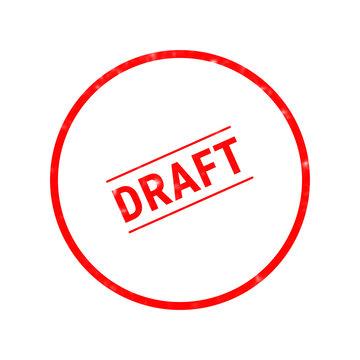 A bright red circular stamp design featuring the word draft written in bold capital letters centered inside a simple thin red border frame