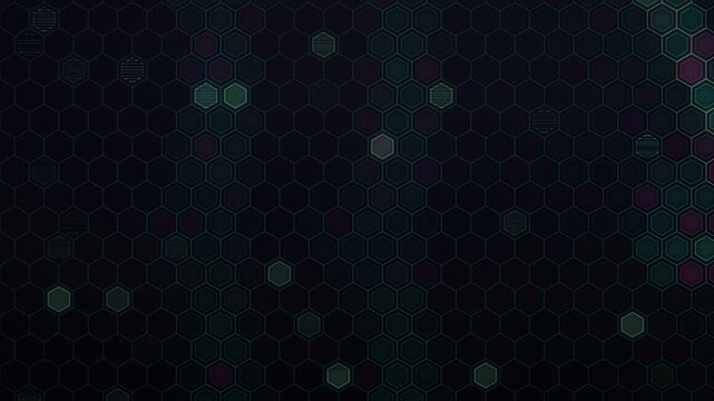 暗い六角形グリッドに浮かぶ光点の抽象テクノロジー背景