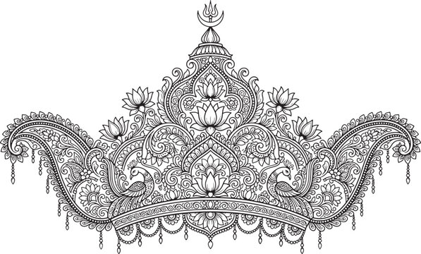 Ornate traditional crown or mukut of Goddess Durga with intricate floral and peacock motifs