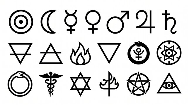 Alchemy and astrology symbol collection featuring planetary glyphs, elemental signs, mystical esoteric icons, minimalist vector design.