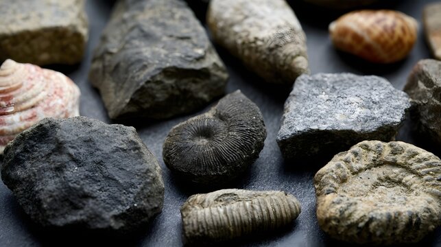 A collection of various fossilized shells and rock specimens arranged on a dark surface for geological study