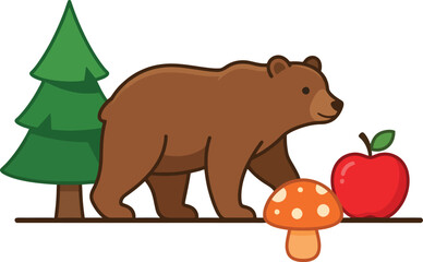 Obraz premium A friendly brown bear standing in the forest near a red apple and mushroom.