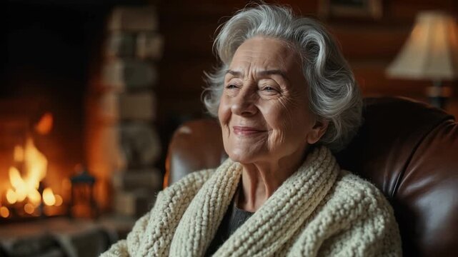 Elegante Seniorin genie&szlig;t gem&uuml;tlichen Winterabend am Kamin