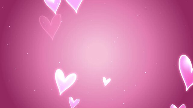 Floating glowing pink hearts moving on a soft romantic gradient background animation seamless loop fo
