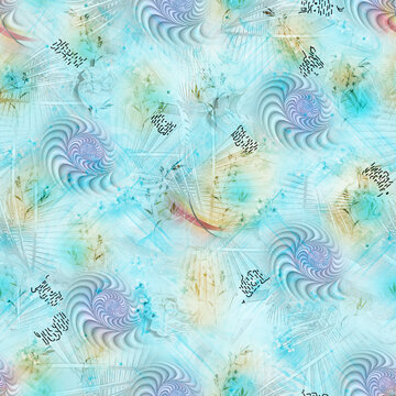 Abstract blue seamless textile pattern featuring delicate botanical branches, soft watercolor-style backgrounds, geometric patchwork motifs, floral shapes, and layered brushstroke elements. Suitable f