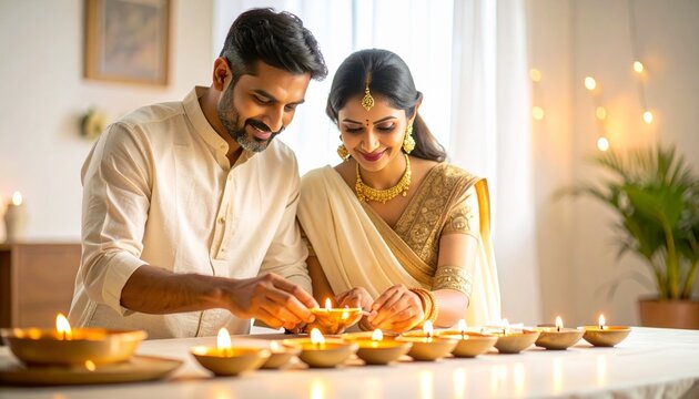 Middle-Aged Indian Couple Soft Diya Arrangement