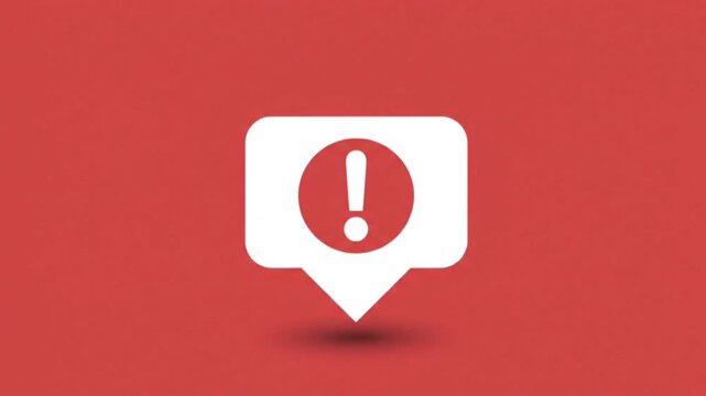 Animated white speech bubble icon with exclamation mark pulsing on red background for critical alert, warning, and notice concept.