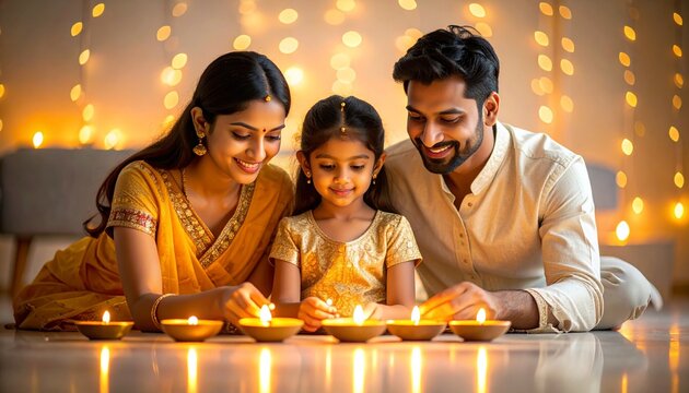 Young Indian Family Soft Diya Lighting Together