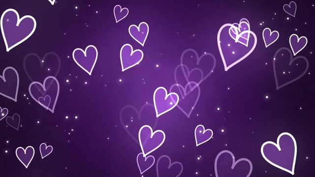 Floating purple hand drawn hearts animation loop on dark background with glowing particle dust