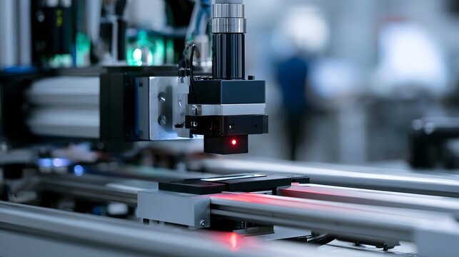 Close up of a precision robotic arm with red laser alignment in a modern automated manufacturing facility