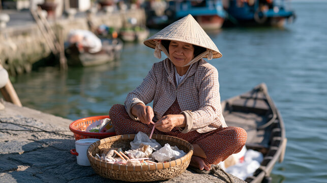 Vietnamese street vendor pausing route to collect plastic straw and wrapper from canal edge, flat-bottomed boat nearby, urban waterway health, Southeast Asian river city, informal