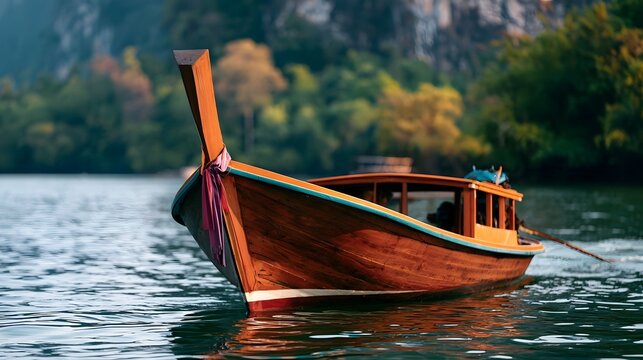 A traditional wooden boat with a high prow floats calmly on a serene waterway surrounded by lush greenery and distant cliffs