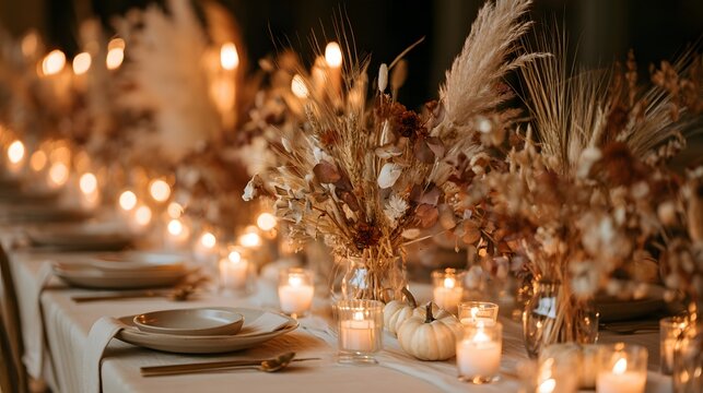 Elegant autumn wedding table setting with dried flowers, candles, and small white pumpkins in a warm, cozy atmosphere