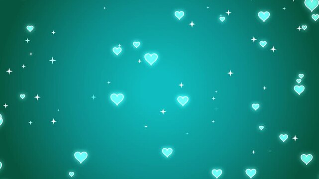 Glowing cyan hearts and sparkling stars floating on a beautiful teal gradient background loop video