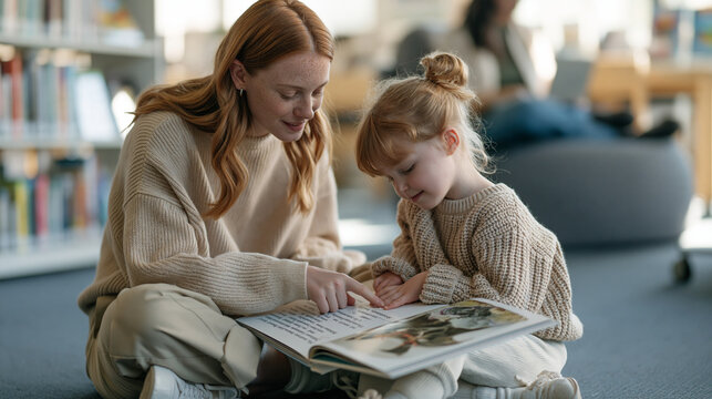 A redhead girl with freckles seated cross-legged on a library floor teaches a younger child to decode picture book text by pointing word by word, peer literacy support captured in
