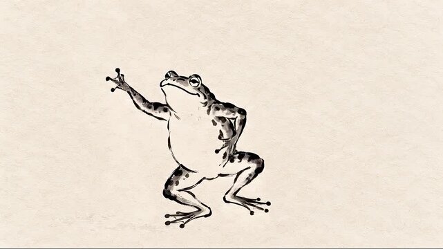 Playful Japanese Sumi-e Frog Dancing on Traditional Washi Paper Background